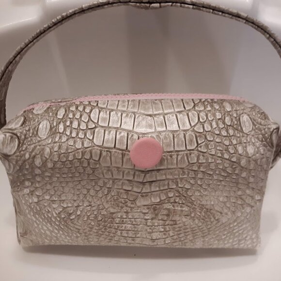New Top handle Mini Satchel Purse Beige Pink Faux Leather Alligator look handbag - Picture 1 of 7